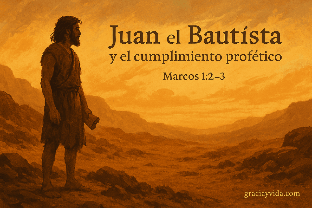 Juan el Bautista anunciando el cumplimiento profético según Marcos 1:2-3, con fondo simbólico del desierto y el mensaje bíblico.