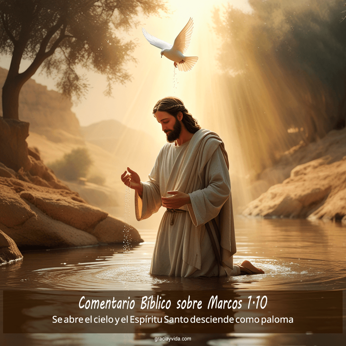 Bautismo de Jesús en el río Jordán, con el cielo abriéndose y el Espíritu Santo descendiendo como una paloma.