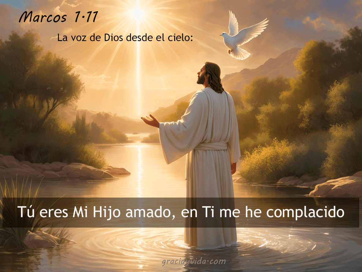 Jesús es bautizado en el río Jordán mientras el cielo se abre, una paloma desciende y una luz celestial simboliza la voz del Padre diciendo: “Tú eres Mi Hijo amado, en Ti me he complacido”.