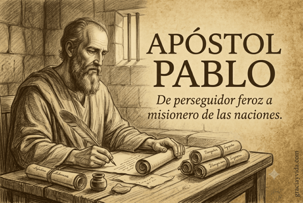 Ilustración caligráfica del apóstol Pablo escribiendo sus cartas y epístolas ministeriales.