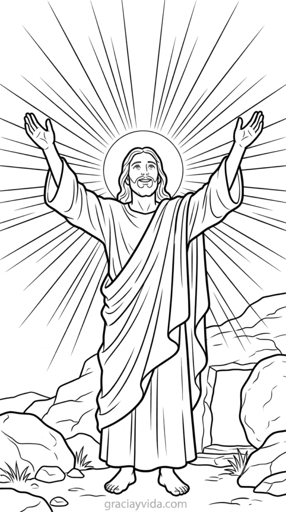 Dibujo para colorear de Jesús resucitado con rayos de luz, para niños