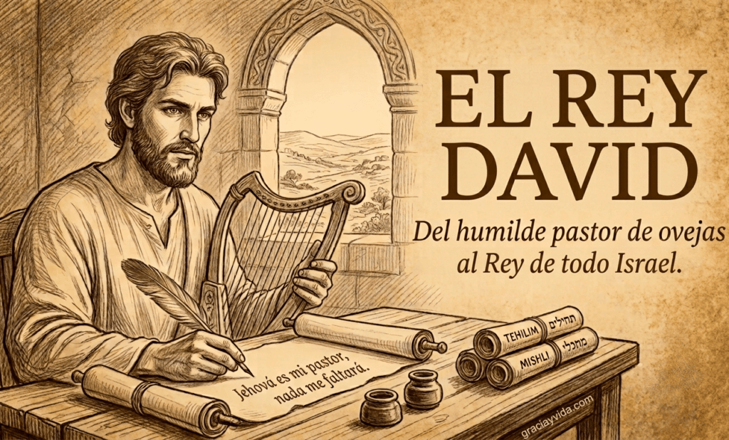 Biografía de David: ilustración del rey de Israel escribiendo los Salmos con su arpa.