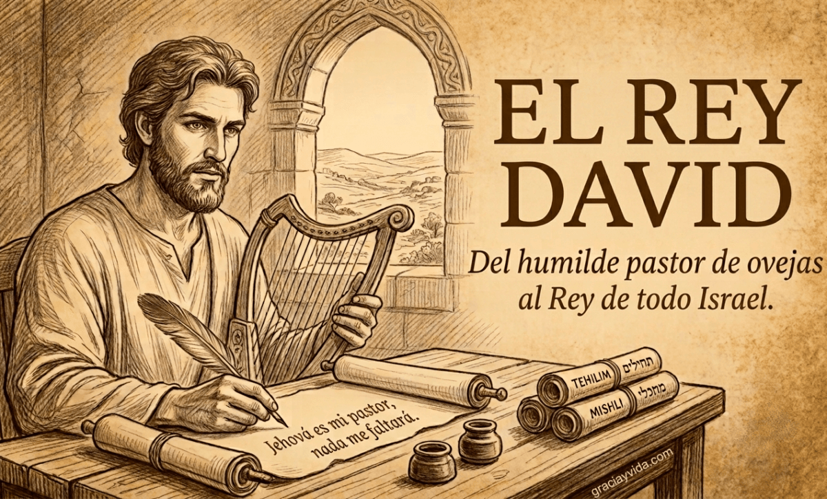 Biografía de David: ilustración del rey de Israel escribiendo los Salmos con su arpa.