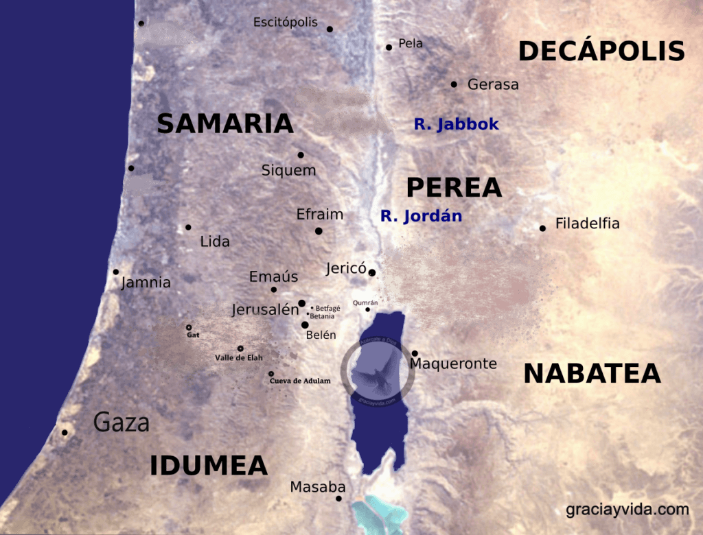 Mapa satelital de la geografía bíblica en Judea que muestra las ubicaciones clave en la vida del rey David, incluyendo Belén, Jerusalén, el Valle de Elah y la cueva de Adulam.