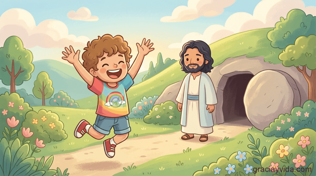 Niño festejando la resurrección de Jesús y el poder de Dios - Efesios 1:19-21