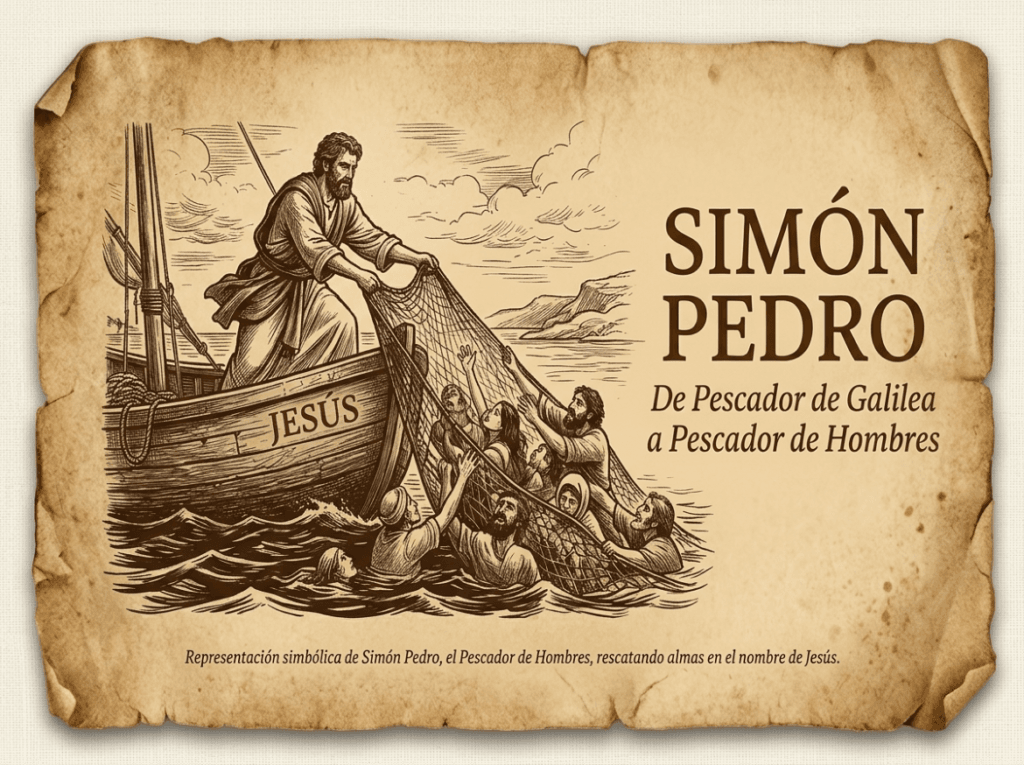 Ilustración del apóstol Simón Pedro rescatando personas con una red desde una barca con el nombre de Jesús, en referencia a la biografía del apóstol Pedro como pescador de hombres.