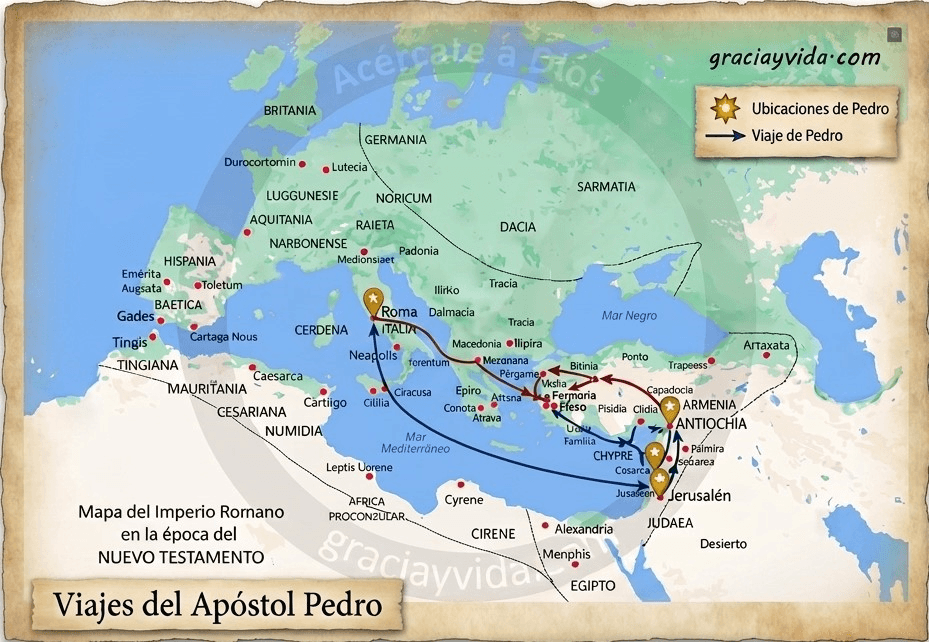 Mapa del Imperio Romano que muestra las rutas y viajes del apóstol Simón Pedro desde Jerusalén hasta Roma.