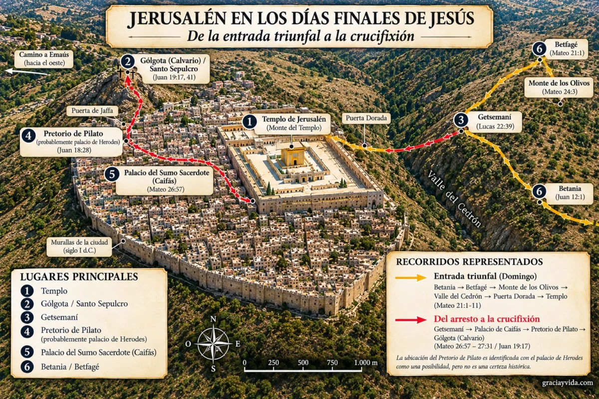 Mapa ilustrado de Jerusalén en el siglo I con la ruta de la Semana Santa y lugares históricos